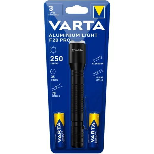 Taschenlampe LED Alu F20 Pro Varta mit 2 AA Batterien